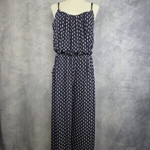 Kaileigh Jumpsuit Womens Medium Navy Blue White Boho Wide Leg Sleeveless Pockets